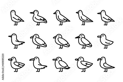 Seagull Icon Set: A charming collection of line-art seagulls, perfectly illustrating the elegant form of sea birds in an artistic display.