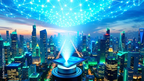 Business Professionals Engaged with Holographic Commerce Data in Vibrant Cityscape – Modern Digital Market Visualization