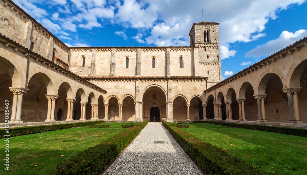 Fototapeta premium Santo Domingo de Silos Monastery: A serene courtyard in Burgos, Spain with Romanesque architecture