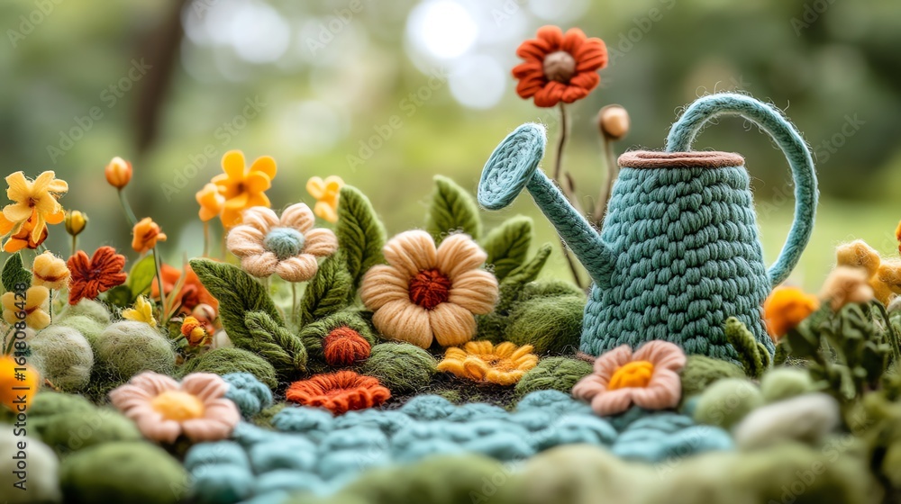 Fototapeta premium Colorful Felted Flower Garden with Watering Can in Bright Outdoor Setting