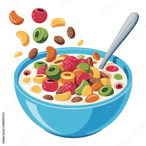Healthy breakfast cereal with fresh fruit and milk in a blue bowl