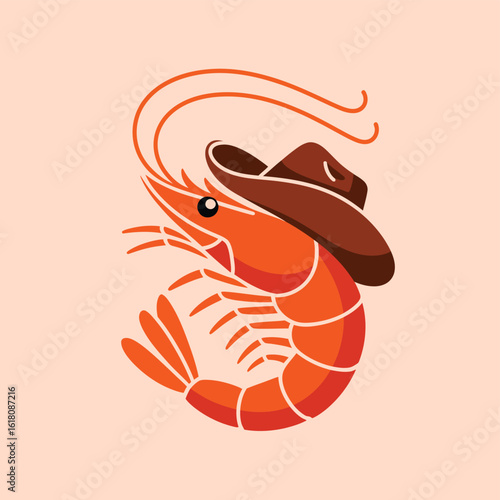 Cute cartoon shrimp wearing a cowboy hat on a light background