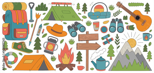 Collection of camping and outdoor adventure equipment and elements