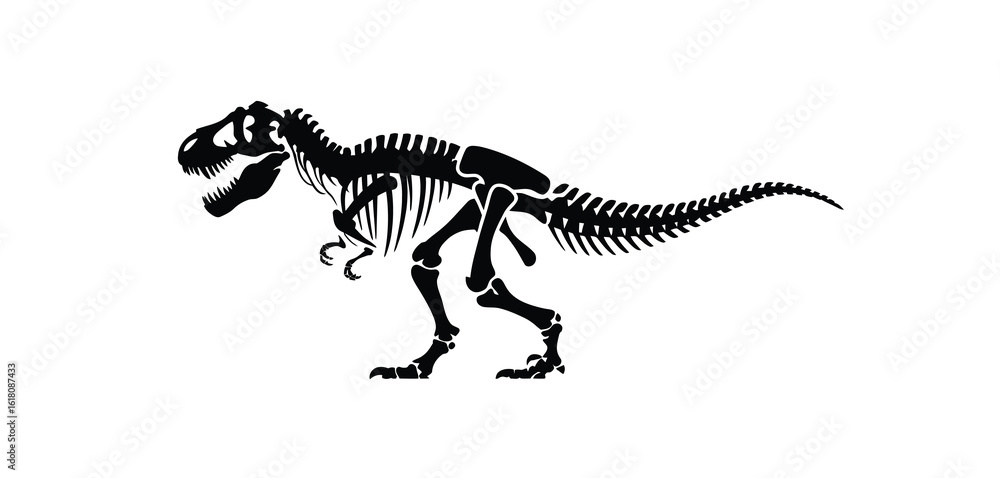 Obraz premium Black silhouette of a tyrannosaurus rex dinosaur skeleton on a white background