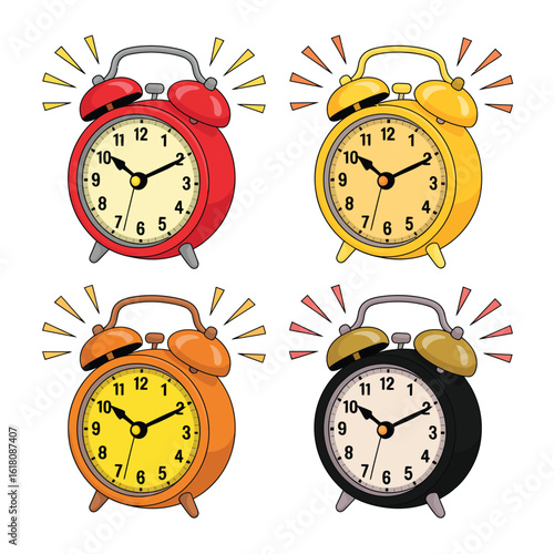 Four colorful vintage alarm clocks ringing loudly