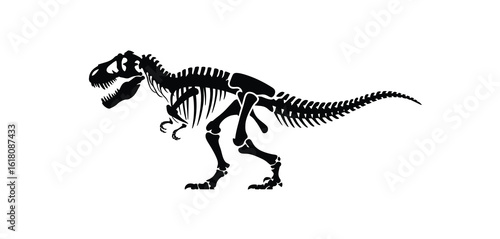 Black silhouette of a tyrannosaurus rex dinosaur skeleton on a white background