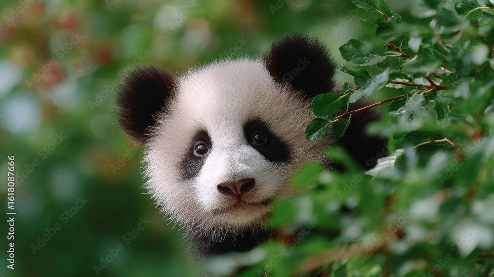 Naklejka premium Adorable panda peeks through lush green foliage. This charming animal showcases its playful nature. A delightful image perfect for wildlife enthusiasts and animal lovers. AI