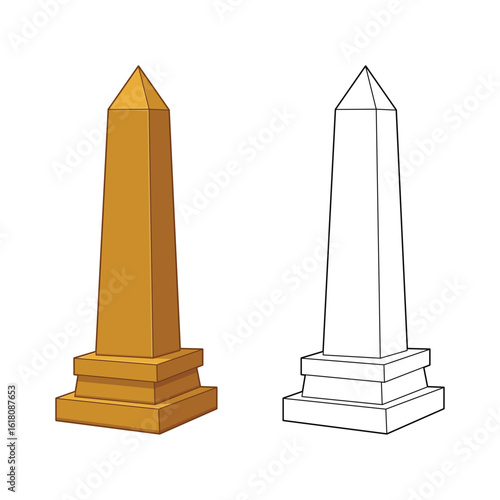 Dual obelisk depiction: one colored, one outline - contrasting styles.