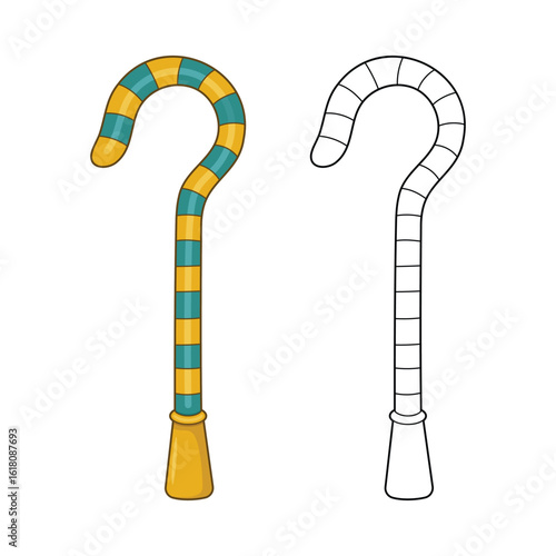 Egyptian Crook:  A striped golden and teal cane and an outline of the cane.