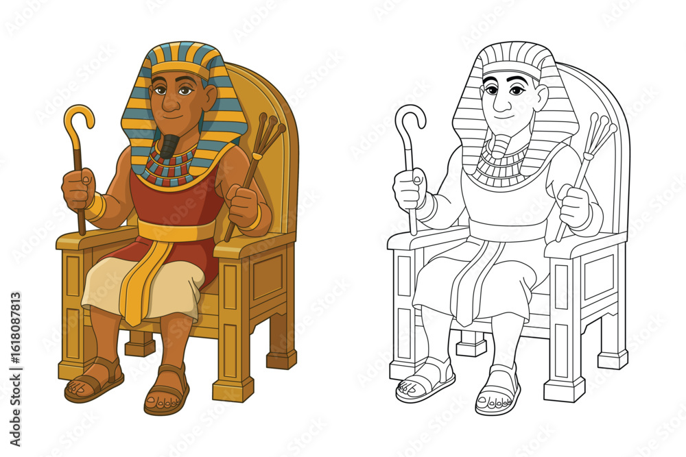 Cartoon pharaoh sits on a golden throne holding a crook and flail staff. Cartoon pharaoh sits on a golden throne holding a crook and flail staff.