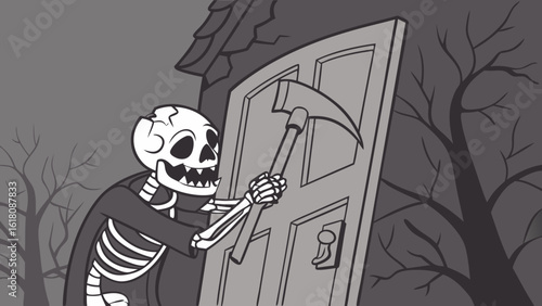 Cartoonish grim reaper knocking on a door with a scythe near a spooky house during halloween night