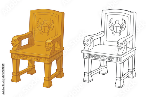 Artwork of an ancient Egyptian golden throne with scarab and lion details.