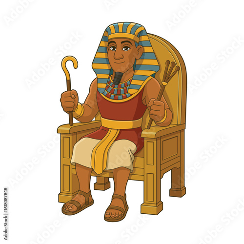 Egyptian Ruler Sitting on Throne with Crook and Flail, Cartoon Style