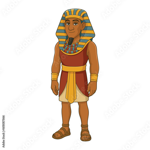 Cartoon pharaoh with headdress and sandals, standing against white backdrop.