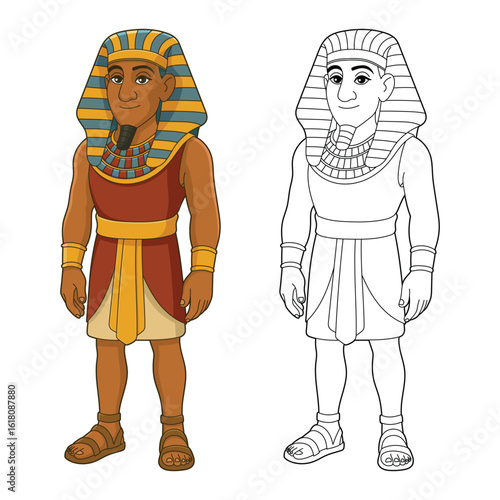 Cartoon rendering of an Egyptian pharaoh and its line art version side-by-side.