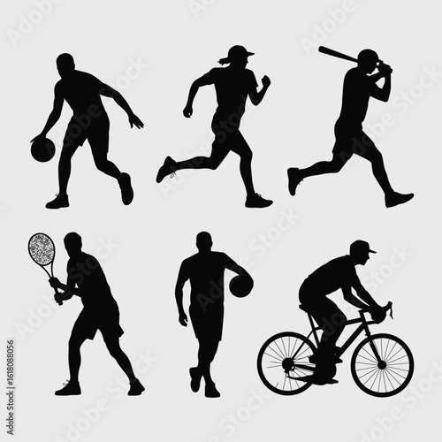 Diverse sports silhouettes featuring basketball tennis baseball lacrosse and cycling