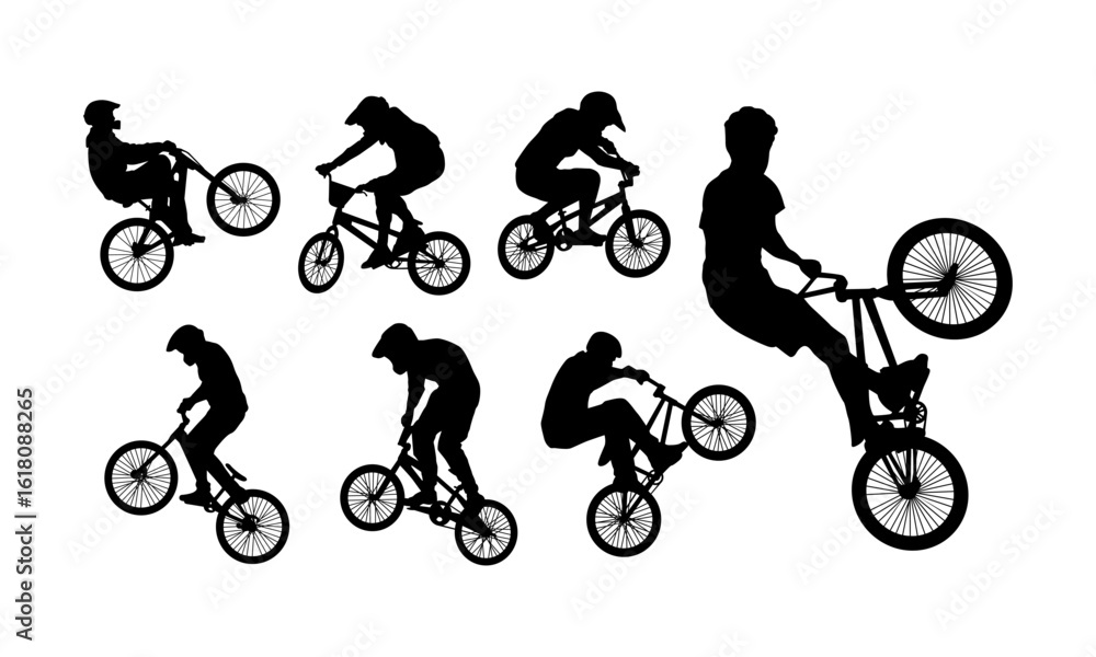 Naklejka premium silhouettes of bmx riders performing stunts