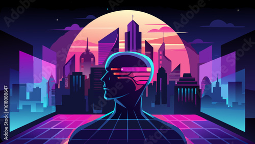 Neon City Skyline in Silhouette – Futuristic Double Exposure