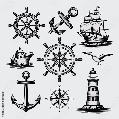 Nautical symbols including ship wheels anchors lighthouse and sailing ship