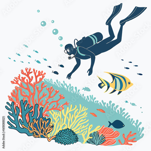 A diver explores a colorful coral reef with fish and bubbles scuba diver snorkeling