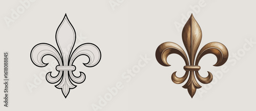 Fleur de lis symbol in sketch and bronze rendering