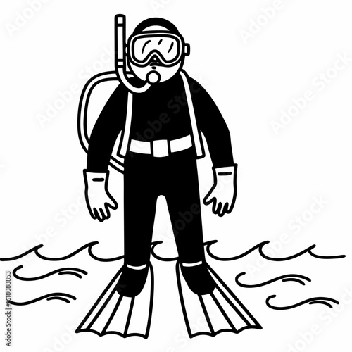 Black and white illustration of a diver in a wetsuit with snorkel and fins standing in water snorkeling