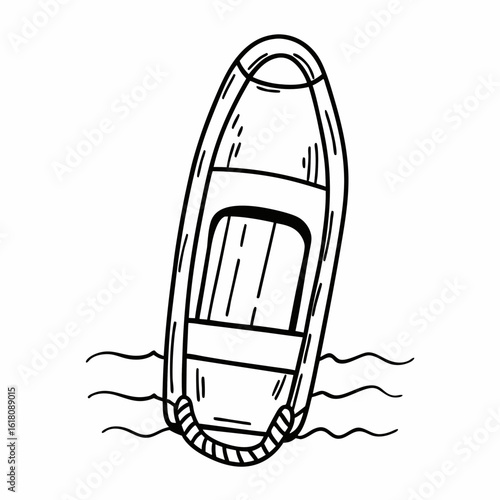 Black and white line drawing of a small inflatable boat floating on wavy water dinghy raft