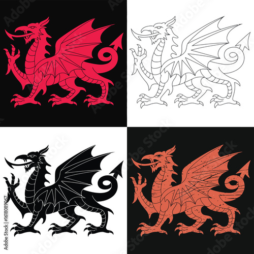 Four panels showing the welsh dragon in different styles and colors