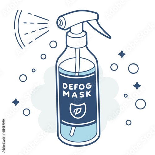Blue spray bottle with defog mask label and spray mist on white background with decorative circles and stars