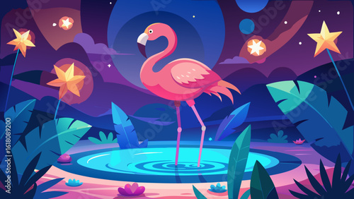 Flamingo in Pool of Stars – Magical Realism Night Scene