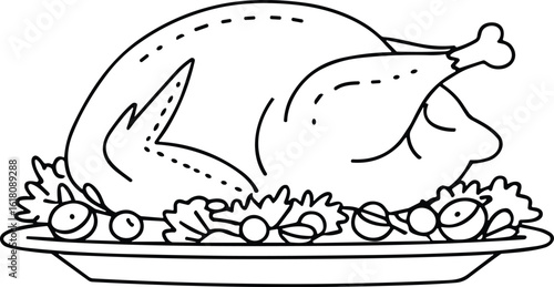 Thanksgiving Roast Turkey Line Art – Vector Illustration of Holiday Meal