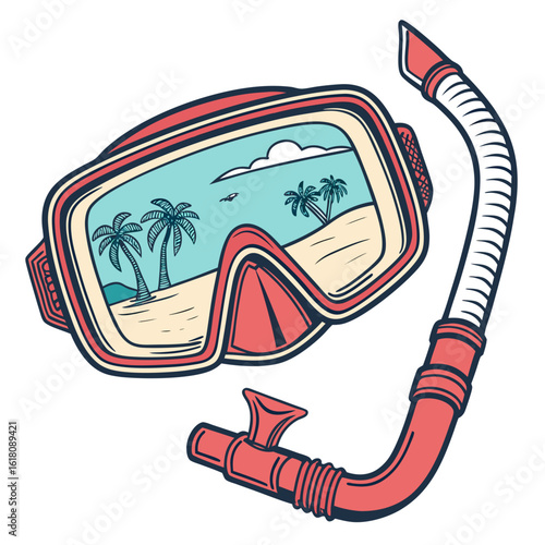 Red snorkel mask with tropical beach scene reflection and palm trees diving mask snorkeling