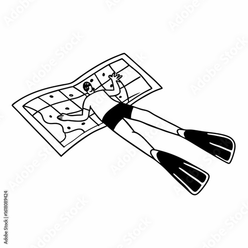 Person in snorkel mask and flippers lying on a map with dots snorkeling icon