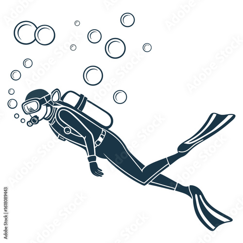 Silhouette of a diver swimming underwater surrounded by bubbles scuba diving