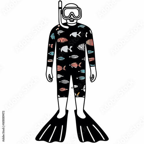 Snorkeler wearing black wetsuit with colorful fish pattern and black fins on white background snorkeling