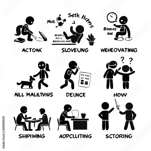 10 black and white icons of kids learning solvin