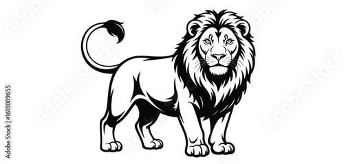 Majestic male lion standing proudly with full mane in black and white