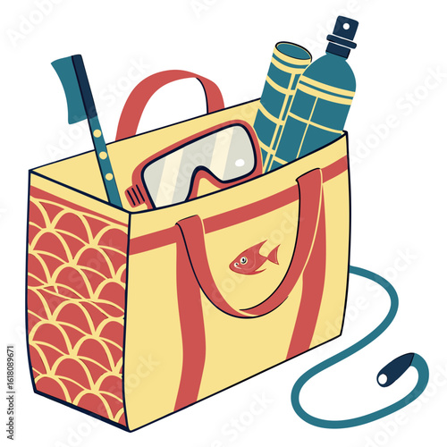 Yellow tote bag with red trim and fish graphic packed with snorkeling gear and scuba tank snorkeling bag
