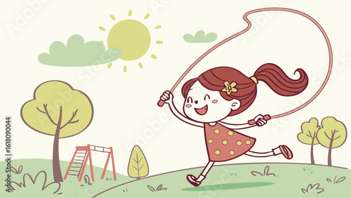 a girl jumping rope with a flower on her dress