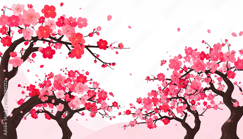Fototapeta premium A clean vector illustration of two cherry blossom trees with soft pink and vibrant coral flowers on a light background.