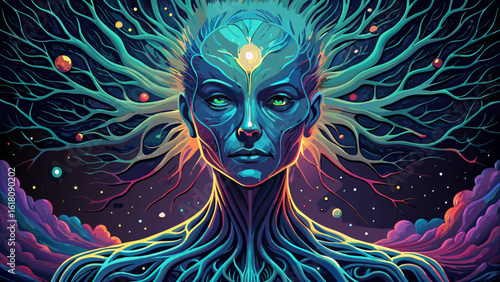 Human Face Galaxy Tree with Glowing Neural Roots – Surreal Art