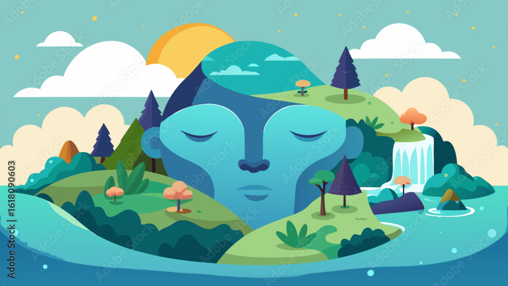 Obraz premium Island in Shape of Sleeping Face – Peaceful Landscape Fusion