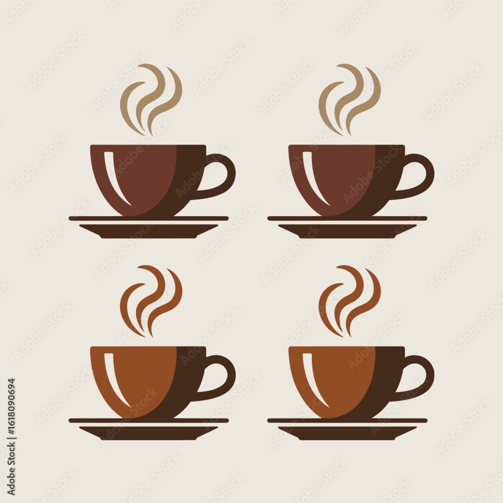 Obraz premium Four steaming cups of coffee on saucers in a flat design style