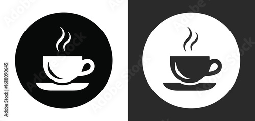 Black and white icons of a steaming coffee cup on a saucer