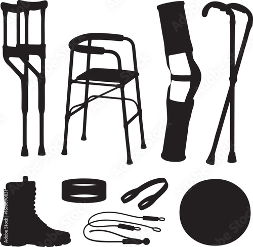 Crutches walker canes boot resistance bands jump rope and ball