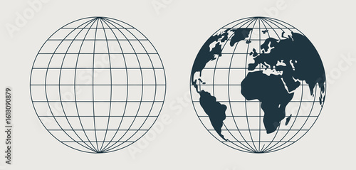 Two globes side by side one with a map of the world and one with a grid