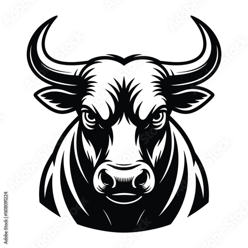 Fierce bull head illustration in black and white with strong features