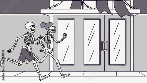 Two skeletons running past a building with doors and decorative awning in a grayscale illustration