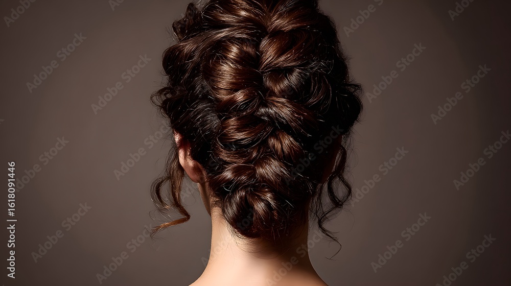Fototapeta premium Stylized Rear View of Elegant Brown Hair Updo with Twisted and Pinned Texturehair, updo, brunette, twisted, elegant, pinned, texture, style, beauty, rear, head, hairstyle, bun, fashion, formal, strand