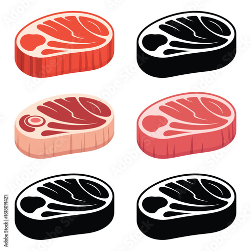 Six raw steak cuts isolated on white background top view
